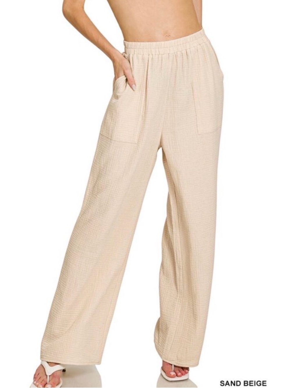 Zenana Beige Wide-Leg Gauze Pants - Elastic Waist